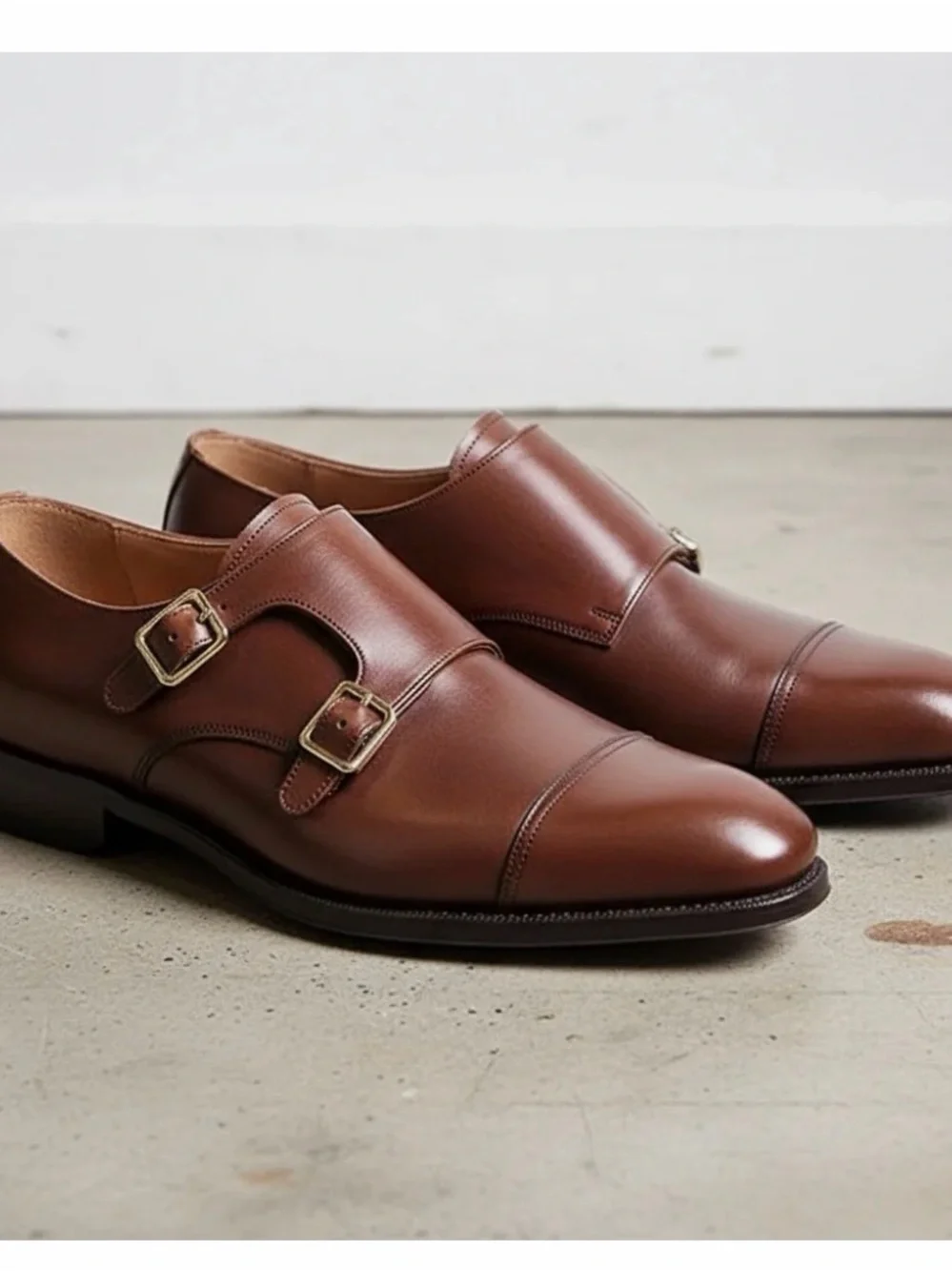 Men's Brown Cap-Toe Leather Double Monk Strap Shoes — Balcombe